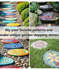 Colorful garden path with custom mosaic patterns using Six Piece Round Stepping Stone Molds For Concrete outdoor kit.