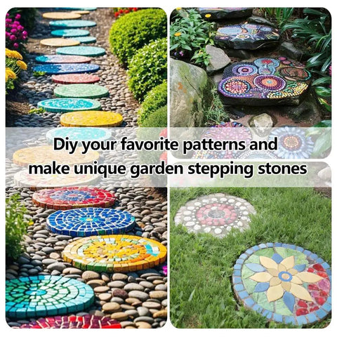 Colorful garden path with custom mosaic patterns using Six Piece Round Stepping Stone Molds For Concrete outdoor kit.