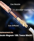 Top Tier Mig Welding Gun Kit Featuring 0.023 Inch Tips, Nozzles And Diffusers For Lincoln Magnum Tweco with copper gas nozzle and diffuser.