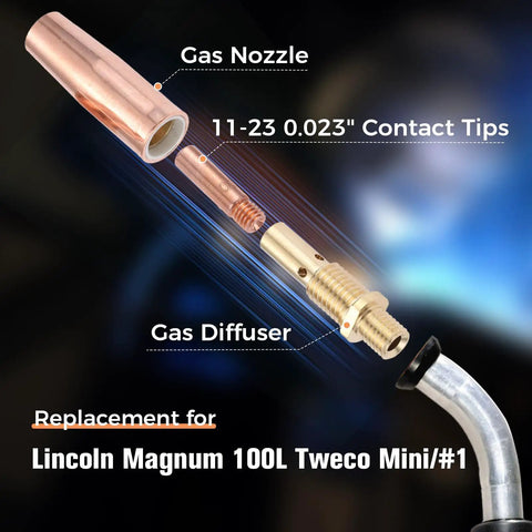 Top Tier Mig Welding Gun Kit Featuring 0.023 Inch Tips, Nozzles And Diffusers For Lincoln Magnum Tweco with copper gas nozzle and diffuser.