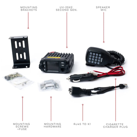 Contents of the UV-25X2 Second Gen Mini 25 Watt Dual Band Base Station Radio for VHF UHF Ham Operators, with accessories visible.