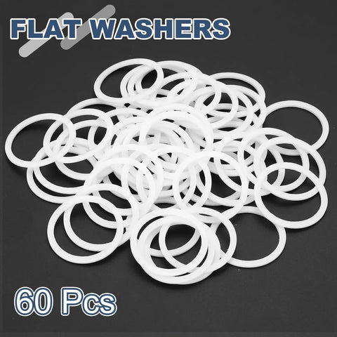 Rock Solid Durable PTFE Flat Washers 60 Pack M25 Heavy Duty Sealing Gaskets And Spacers on a dark background.