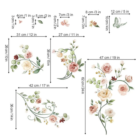 Rose Vine Floral Wall Decals Peel And Stick Watercolor Garden Theme For Bedroom Living Room And TV Wall Easy To Apply No Mess Waterproof Non Toxic Self Adhesive Material shown in various sizes and arrangements