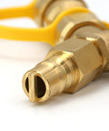 Close-up of a brass 3/8 inch gas Y splitter valve with yellow handle, Gas Y Splitter For Propane Hoses With Brass 2 Way Tee Quick Connect Adapters And Shut Off Valve Conversion Kit For Easy Hookup To Hose Tank Line Fits Pizza Ovens Grills Generators And Patio Heaters Three Eighths Inch