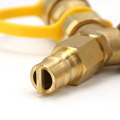 Close-up of a brass 3/8 inch gas Y splitter valve with yellow handle, Gas Y Splitter For Propane Hoses With Brass 2 Way Tee Quick Connect Adapters And Shut Off Valve Conversion Kit For Easy Hookup To Hose Tank Line Fits Pizza Ovens Grills Generators And Patio Heaters Three Eighths Inch
