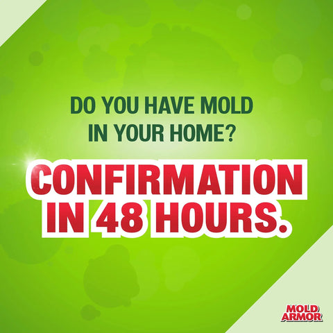 Green background with text 'Do You Have Mold In Your Home? Confirmation in 48 Hours'. Mold Armor logo in corner.