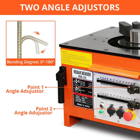 Heavy Duty Electric Rebar Bender With 1600W Motor, showing two angle adjustors for 0-180 degree bending of steel bars.
