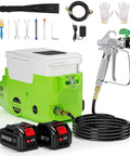 Heavy Duty 500W Cordless Airless Paint Sprayer With Dual 4000 mAh Batteries And 1.7L Tank, complete kit with accessories.