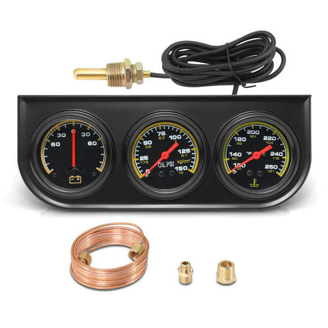 Dope 2 Inch 52mm Triple Gauge Kit For Car Dash Mount, Oil Pressure 0-150 Psi, Water Temperature 100F To 280F, Ammeter -60 To 60A