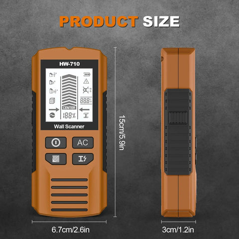 Brilluxa Stud Finder, Wall Scanner Digital Detector with LCD Display for Wood Studs, Metal Pipes and Live AC Wires Behind Drywall (Yellow) dimensions displayed