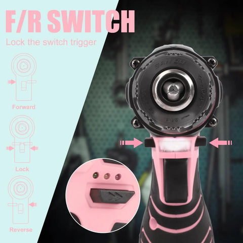 F/R switch detail on Dope Pink Cordless Drill Set For Gals Featuring Hella Lightweight Design And Butter Smooth Dual Speed Trigger.