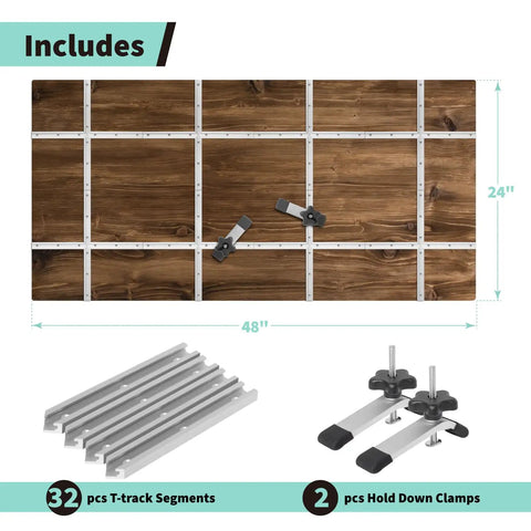 Diagram of a 2x4 Ft T Track Table Kit With 32 Six Inch Universal Tracks, Intersections, And 2 Hold Down Clamps For Woodworking.
