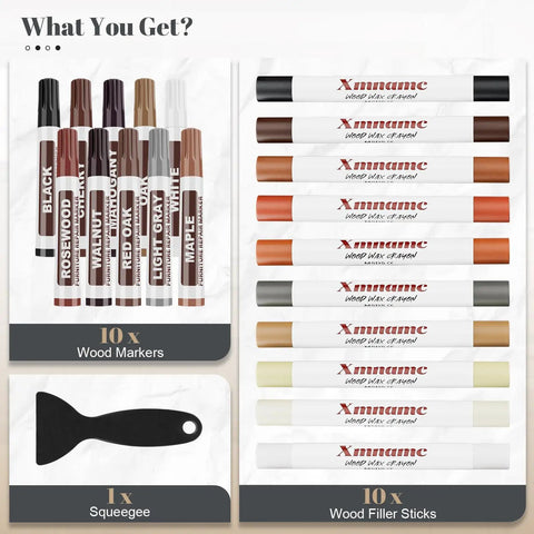 All In One Wood Filler Sticks Kit With 20 Color Options for DIY furniture repair, includes wood markers, filler sticks, and squeegee