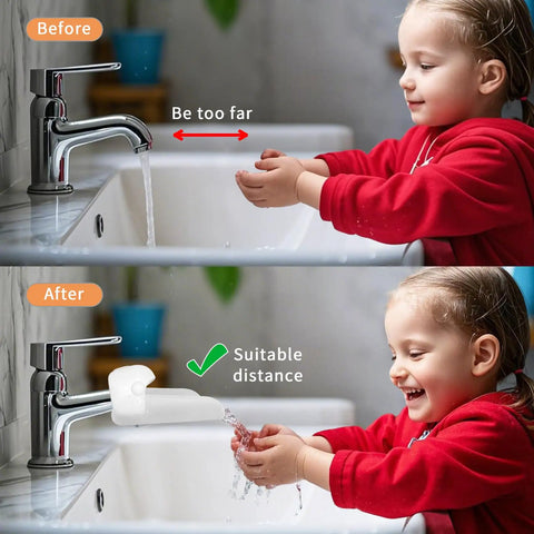 Universal Faucet Extender For Bathroom Sink And Kitchen Tap With Soft Spray Aerated Nozzle And Anti Splash Guard Easy Peasy Setup Durable Chrome Trim Top Shelf Pick For Smooth Daily Water Flow Control demonstrated on a faucet with water flowing.