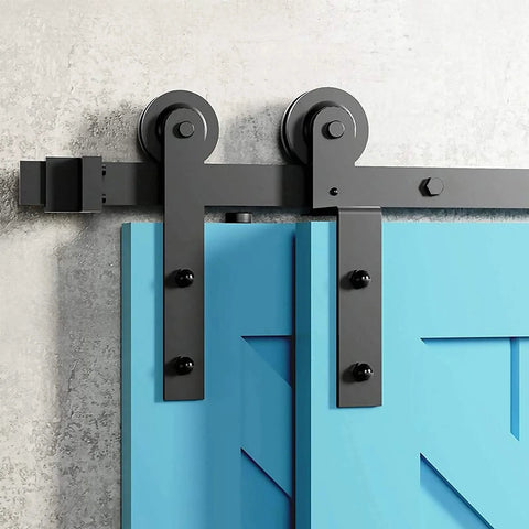 Sliding Barn Door Kit For 5 To 13 Feet Heavy Carbon Steel Rail System With Matte Black Finish Single Track For Wardrobe Or Double Wooden Doors Silent Rollers Waterproof And Rust Proof Hardware Included 170cm Track Length close-up view