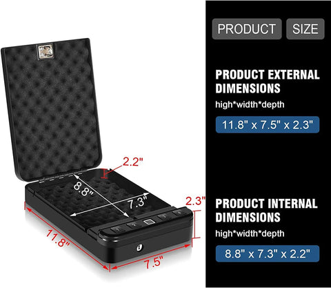 Fast Access Fingerprint Gun Safe For Pistols With Quick Open Automatic Door Biometric Lock Box open view and dimensions