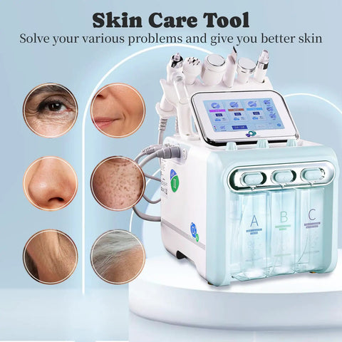 7 In 1 Facial Care Machine With Mask Oxygen Hydrogen Spa Tool showing touch screen and skincare images, 1 year warranty