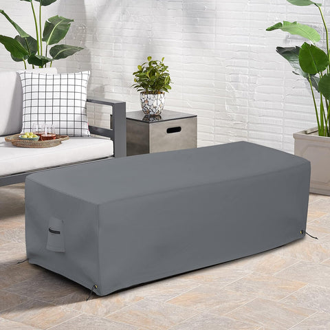 Rectangular Fire Pit Cover 48 Inch Long 25 Inch Wide 18 Inch High Heavy Duty Tough As Nails Waterproof shown on patio