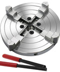 Bad Boy Heavy Duty Six Inch Four Jaw Self Centering Wood Lathe Chuck Crafted From Premium Steel with two red handles for smooth woodturning.