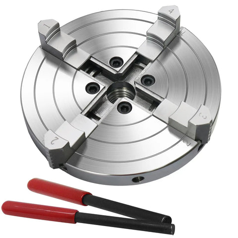 Bad Boy Heavy Duty Six Inch Four Jaw Self Centering Wood Lathe Chuck Crafted From Premium Steel with two red handles for smooth woodturning.