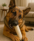 Dog chewing on Beefhide Dog Chew Rolls 8 Inch Made In USA Natural Flavor 15 Count Pack Thick Rawhide Treats For Heavy Chewers