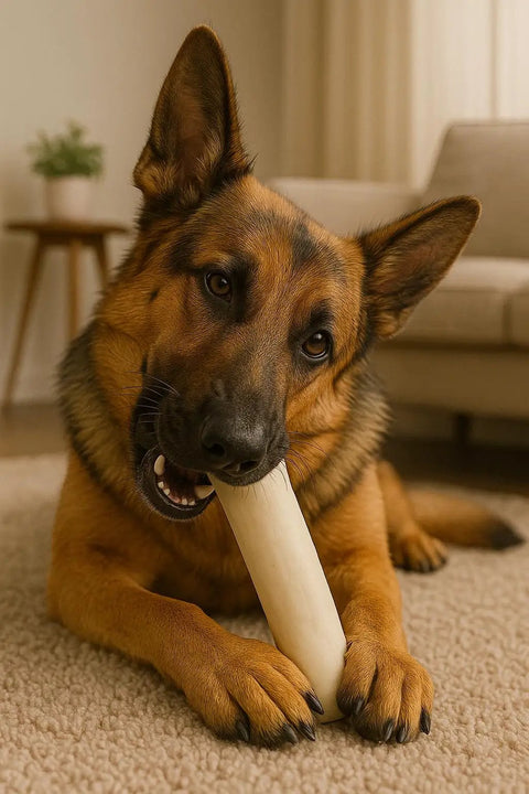 Dog chewing on Beefhide Dog Chew Rolls 8 Inch Made In USA Natural Flavor 15 Count Pack Thick Rawhide Treats For Heavy Chewers