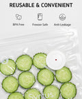 All In One Food Vacuum Sealer Kit With 30 Reusable Bags showing cucumber slices in air valve bag, BPA free and freezer safe.