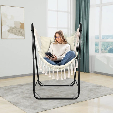 Woman relaxing on U Shaped Stand Hammock Chair With Cotton Swing Seat And Side Pocket, Heavy Duty Metal Frame For Indoor Outdoor Use