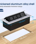 Desktop Pop Up Outlet With 2 USB Ports And 3 Outlets, Silver Finish, installed in desk, showing dimensions and aluminum shell