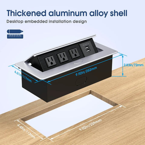 Desktop Pop Up Outlet With 2 USB Ports And 3 Outlets, Silver Finish, installed in desk, showing dimensions and aluminum shell