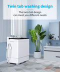 Slick Compact Twin Tub Portable Mini Washing Machine With Built In Drain Pump in a modern laundry space with plants.