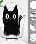 Elongated Resin Toilet Seat for Halloween Bathroom Decor features a black cat design, 14.5" x 18.5", with stainless steel hinges.