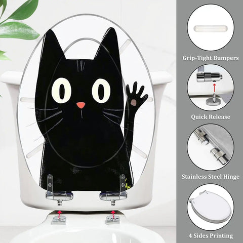 Elongated Resin Toilet Seat for Halloween Bathroom Decor features a black cat design, 14.5" x 18.5", with stainless steel hinges.