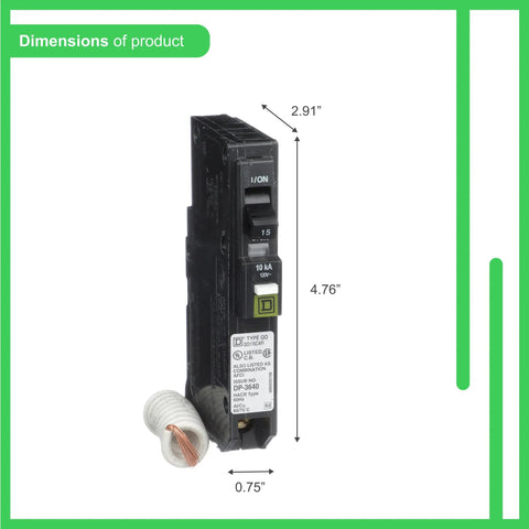QO 15 Amp Arc Fault Breaker AFCI, Single Pole, Combination Style, Plug On Design, 120V, Black with dimensions shown