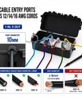 Built Different Heavy Duty IP65 Waterproof Outlet Box With Six Entry Ports For Power Strips And Extension Cables, open showing internal ports and cable compatibility.