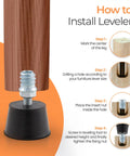 Infographic showing how to install Adjustable One Quarter Inch Rubber Threaded Furniture Levelers Eight Pack Screw In
