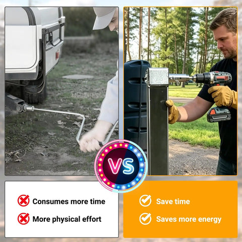 Comparison of manual trailer jack vs Badass Trailer Jack Drill Adapter Featuring Half Inch Square Drive Compatible With Power Drills And Heavy Duty Ratchets.