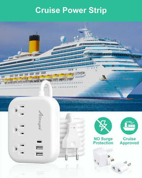 Grab And Go Global Travel Power Strip With Universal Plug Adapter 3 Outlets And 3 USB Ports beside cruise ship