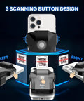 Bluetooth 2D Barcode Scanner Back Clip For Phones Ultra Fast Wireless USB Reader With Battery Level Indicator attached to smartphone showing 3-button design.