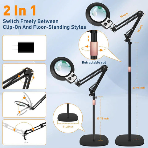 Pro Grade Floor Magnifying Lamp With Light And Stand 30x 12x Magnification Stepless Brightness Adjustable diagram