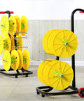 Portable Wire Spool Rack Dispenser For Heavy Duty Electrical Industrial And Retail Use Keeps Multiple Spools Organized And Accessible Reduces Clutter On Your Workbench Durable Steel Frame 49 By 74 By 90 Cm with yellow spools on casters