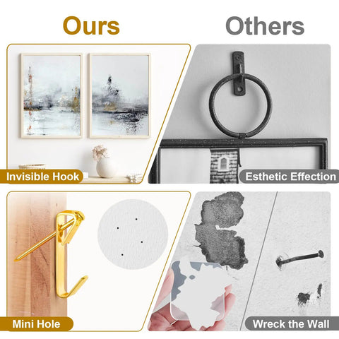 Comparison of Beefy 372 Piece Picture Hanging Kit effectiveness and damage with invisible hooks and nails on wall surfaces.