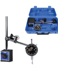 Fowler magnetic-base dial indicator set with black dial and chrome stand in blue carrying case