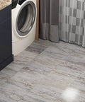Laundry room with 32 Pack Peel And Stick Vinyl Floor Tiles 12x12 Inch Waterproof Removable Sheet Flooring, retro laminate look.
