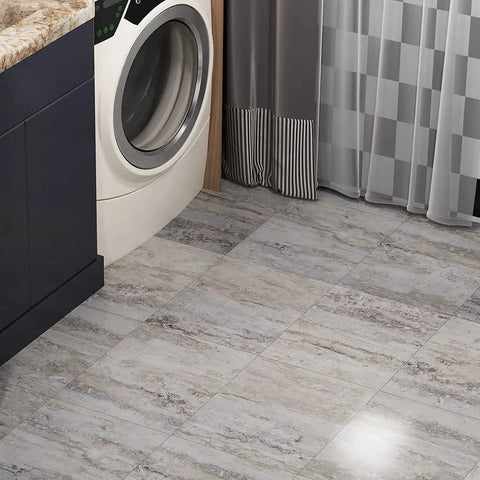 Laundry room with 32 Pack Peel And Stick Vinyl Floor Tiles 12x12 Inch Waterproof Removable Sheet Flooring, retro laminate look.