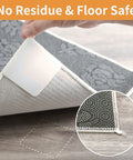 Close-up of Eight Pack Rug Pad Grippers For Hardwood Floors Double Sided Anti Slip Tape applied under a gray area rug.