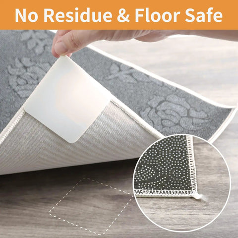 Close-up of Eight Pack Rug Pad Grippers For Hardwood Floors Double Sided Anti Slip Tape applied under a gray area rug.