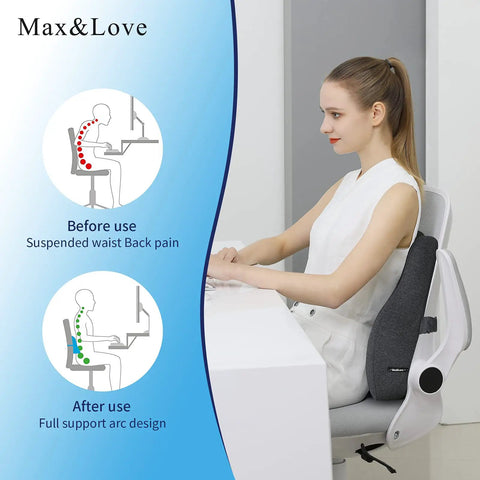 Person using Ergonomic Lumbar Support Pillow With Dense Memory Foam Back Rest For Office Chair, Computer Chair, Car Seat.