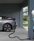 Heavy Duty NEMA 6-50P To 14-50R EV Charger Adapter Cord For Level 2 Charging connected to a Tesla in a garage