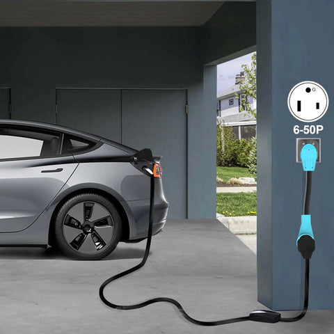 Heavy Duty NEMA 6-50P To 14-50R EV Charger Adapter Cord For Level 2 Charging connected to a Tesla in a garage